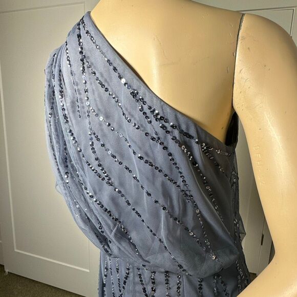 Adrianna Papell Sequined One-Shoulder Gown - Picture 6 of 14